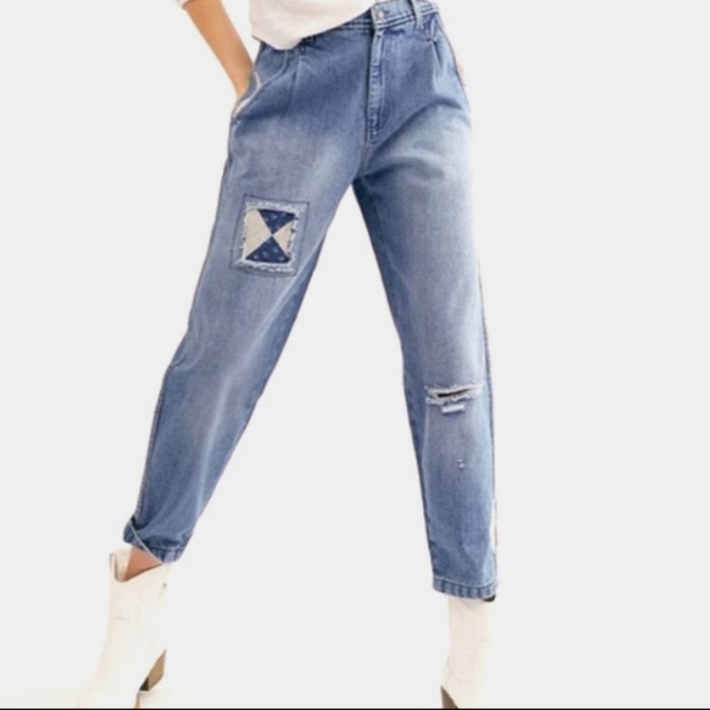 Free People Down to Earth Patchwork Jeans